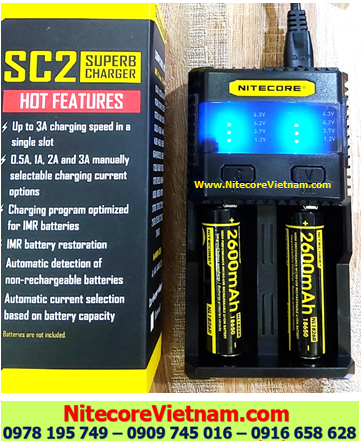 Nitecore SC2 (Bộ sạc Nitecore SC2 kèm sẳn 02 pin SẠC 18650 NITECORE NL1826R 2600mAh  lithium 3.7v) chính hãng